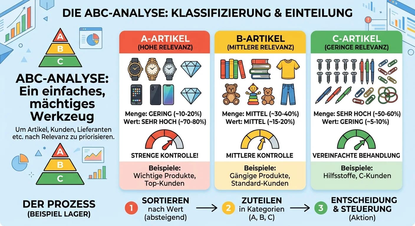 ABC-Analyse: Bedeutung, Beispiele und Anwendung in der kaufmännischen Ausbildung – einfach erklärt
