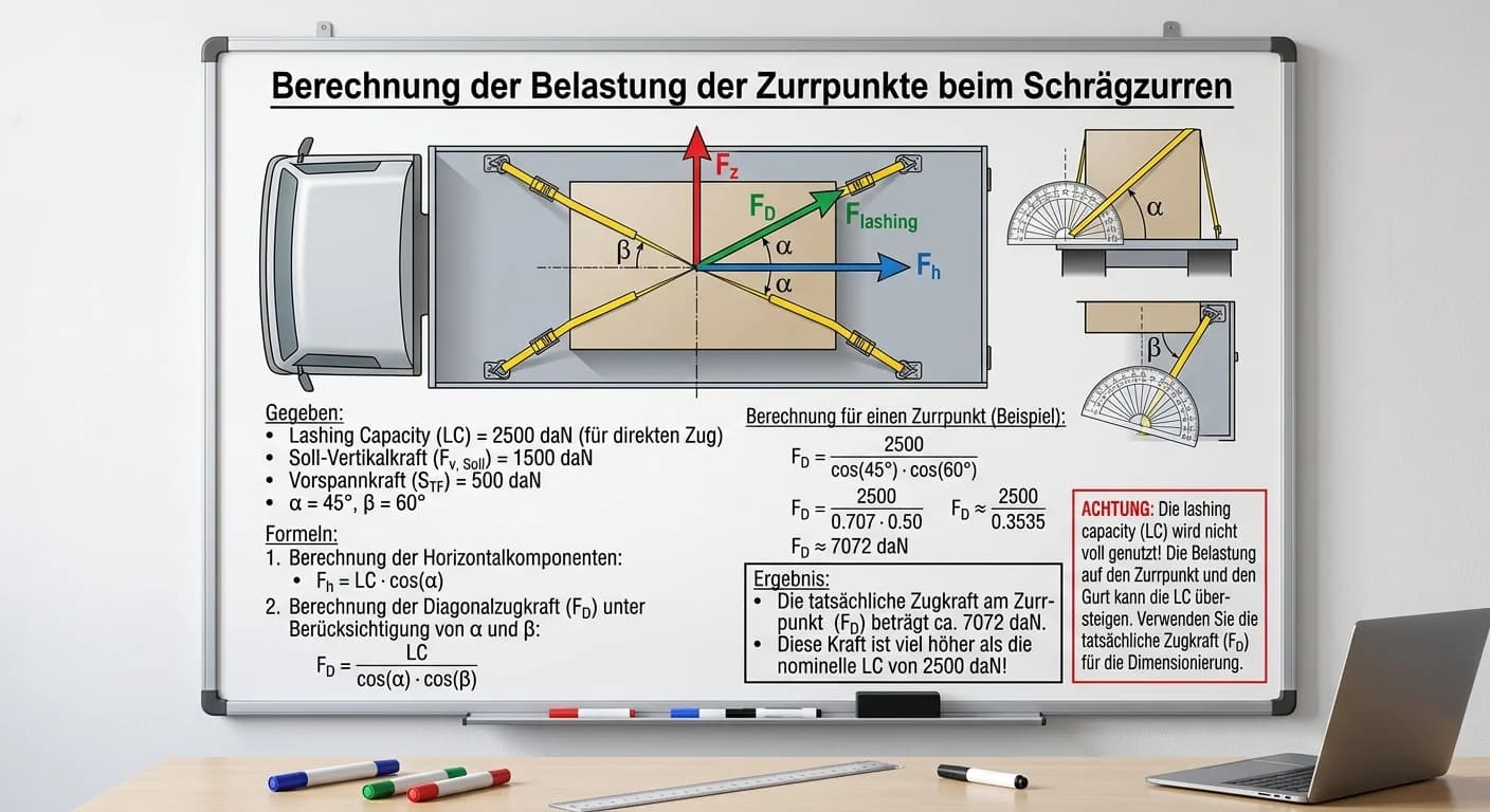 Berufskraftfahrer: Belastung Zurrpunkte schräges Verzurren Ladung berechnen – einfach erklärt