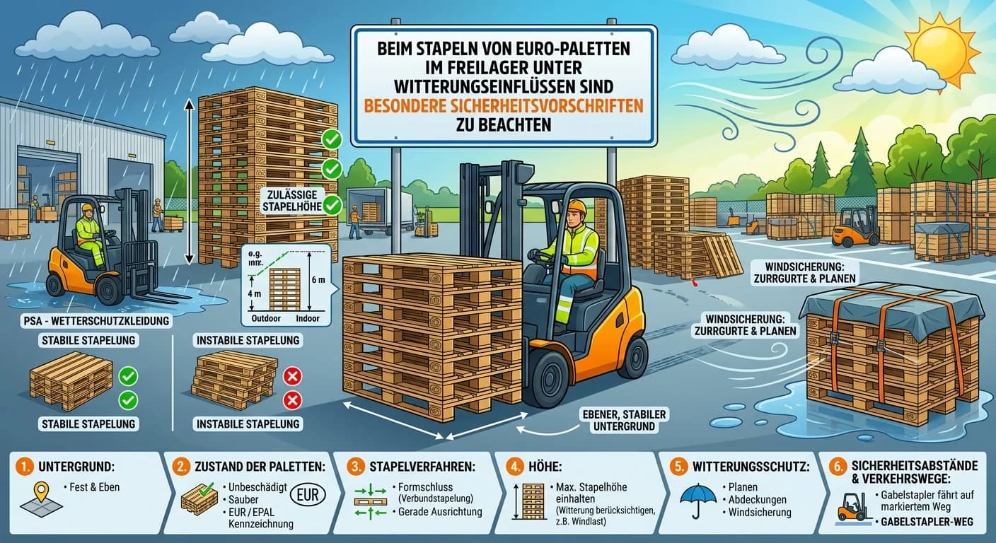 Lagerlogistik: Euro-Paletten Stapeln Freilager Witterung Sicherheit – einfach erklärt
