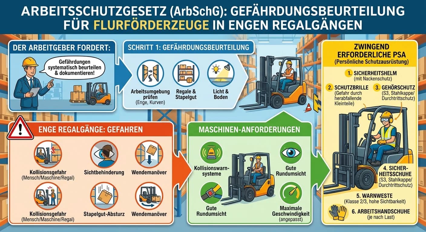 Lagerlogistik: Flurförderzeuge in engen Gängen: ArbSchG, PSA – einfach erklärt