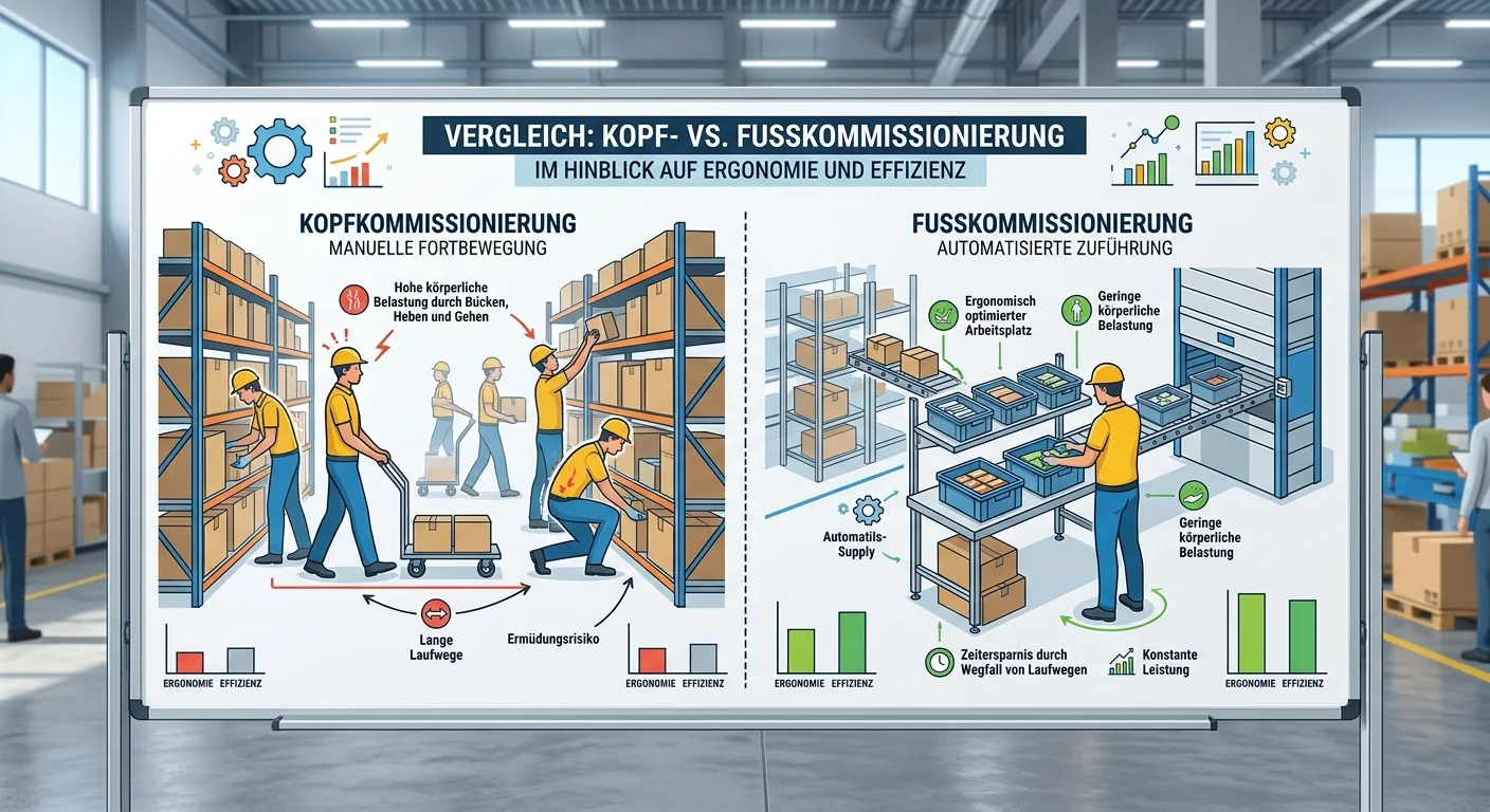 Lagerlogistik: Kopf- vs. Fußkommissionierung – Ergonomie & Effizienz einfach erklärt