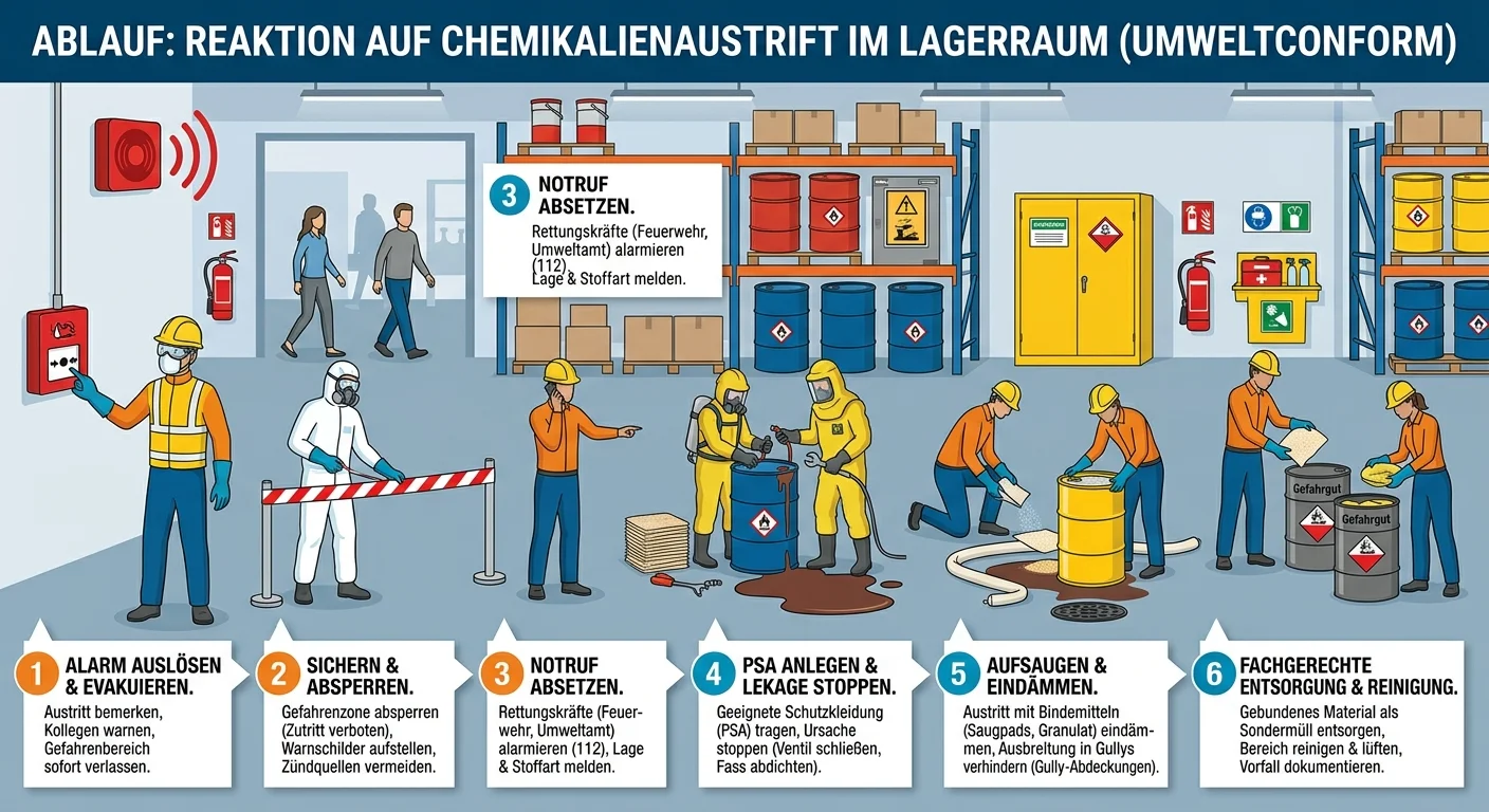 Gebäudereiniger: Chemikalienaustritt im Lagerraum – Umweltvorschriften beachten – einfach erklärt