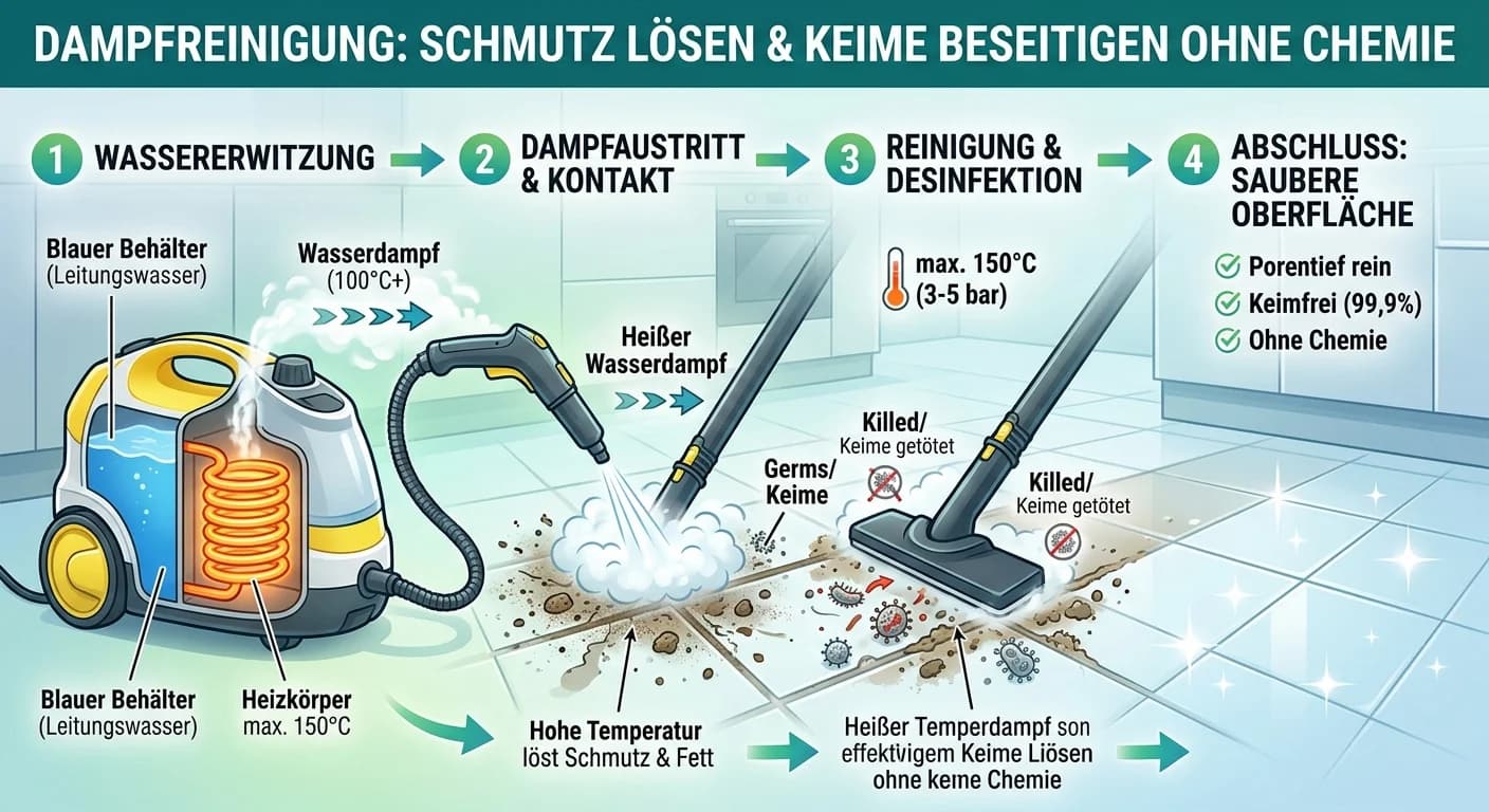 Gebäudereiniger: Dampfreinigung zur keimfreien Reinigung ohne Chemie – einfach erklärt