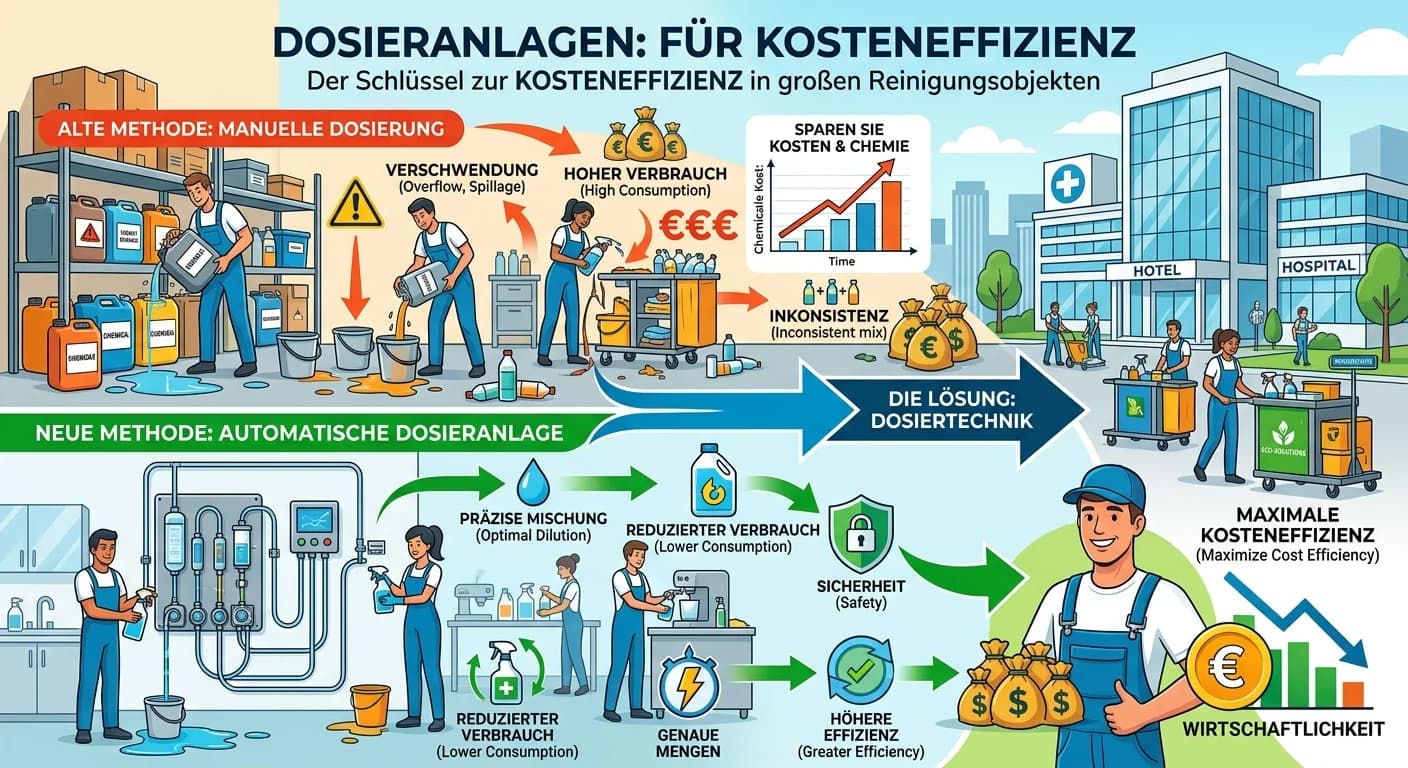 Gebäudereiniger: Dosieranlagen für Kosteneffizienz in großen Reinigungsobjekten – einfach erklärt