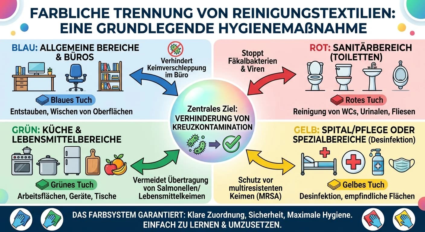Gebäudereiniger: Farbliche Trennung von Reinigungstextilien in Sanitär & Küche – einfach erklärt