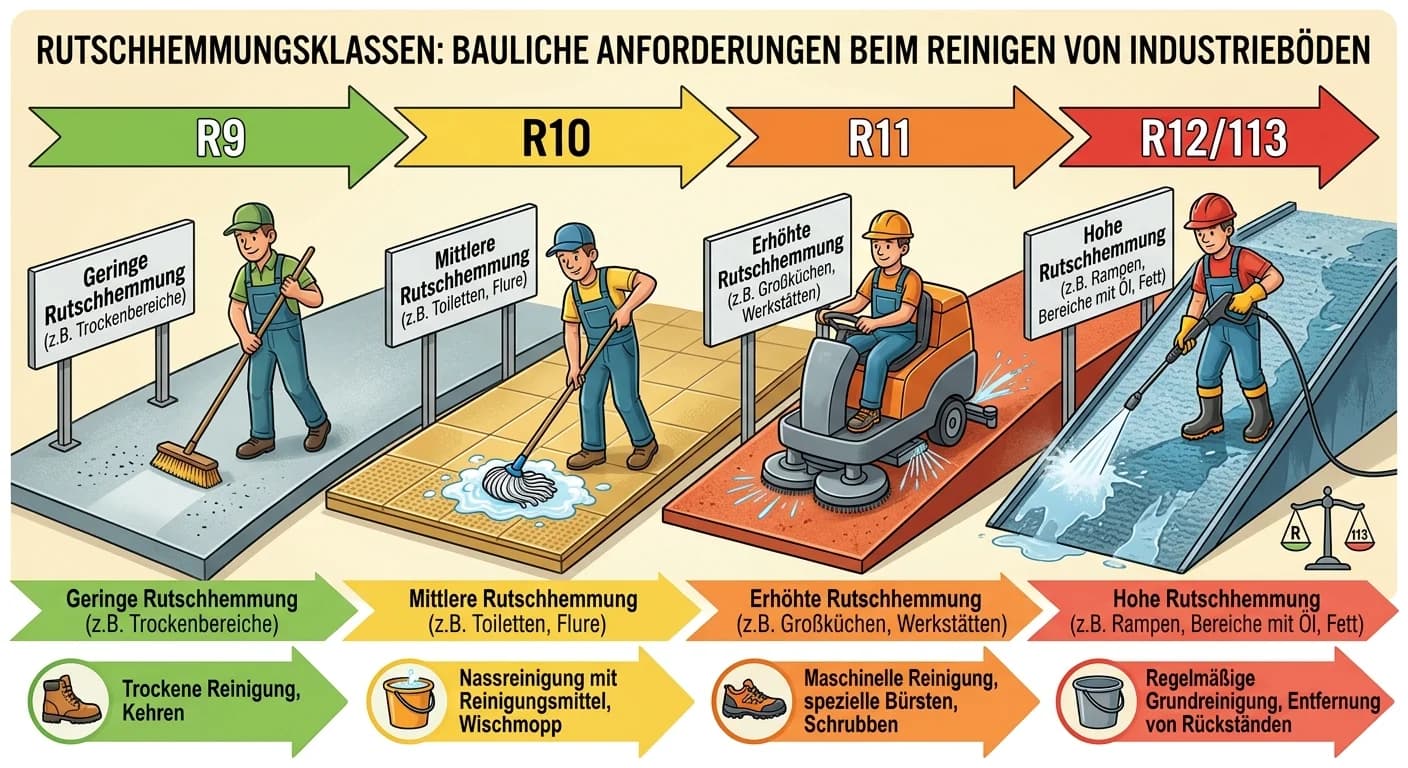 Gebäudereiniger: Industrieböden reinigen – Rutschhemmungsklassen R9-R13 beachten – einfach erklärt