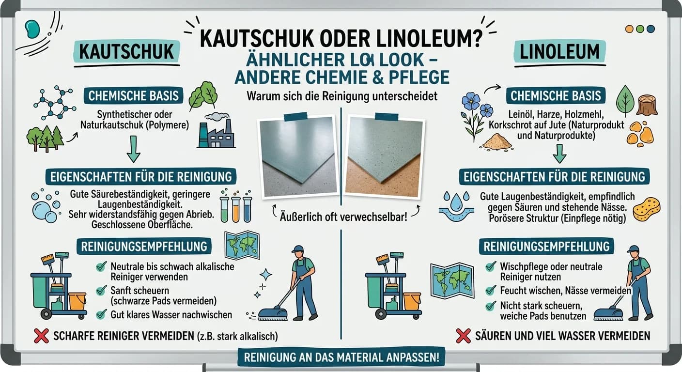 Gebäudereiniger: Kautschuk- und Linoleumreinigung: Unterschiede und Besonderheiten – einfach erklärt