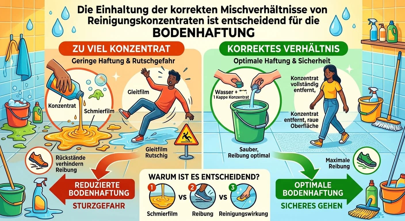 Gebäudereiniger: Mischverhältnisse von Reinigungskonzentraten & Bodenhaftung – einfach erklärt