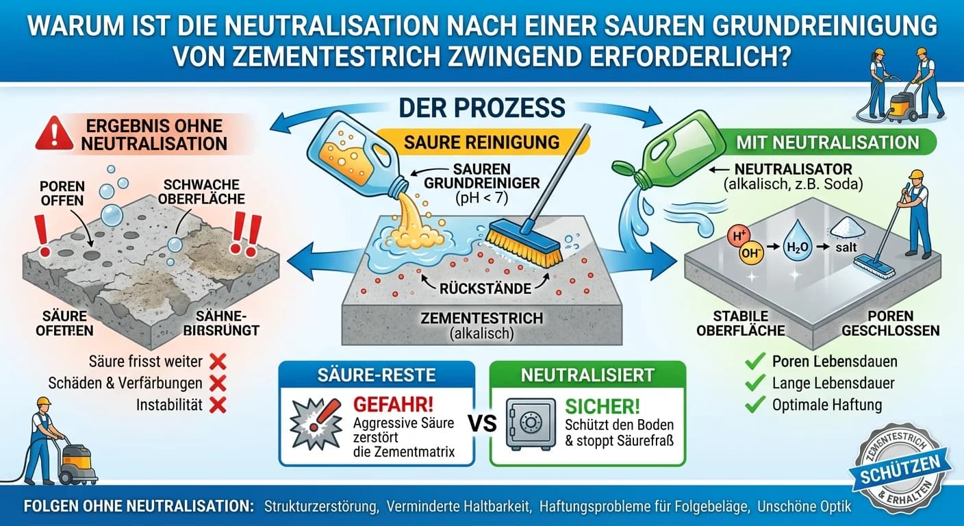 Gebäudereiniger: Neutralisation nach saurer Grundreinigung von Zementestrich – einfach erklärt