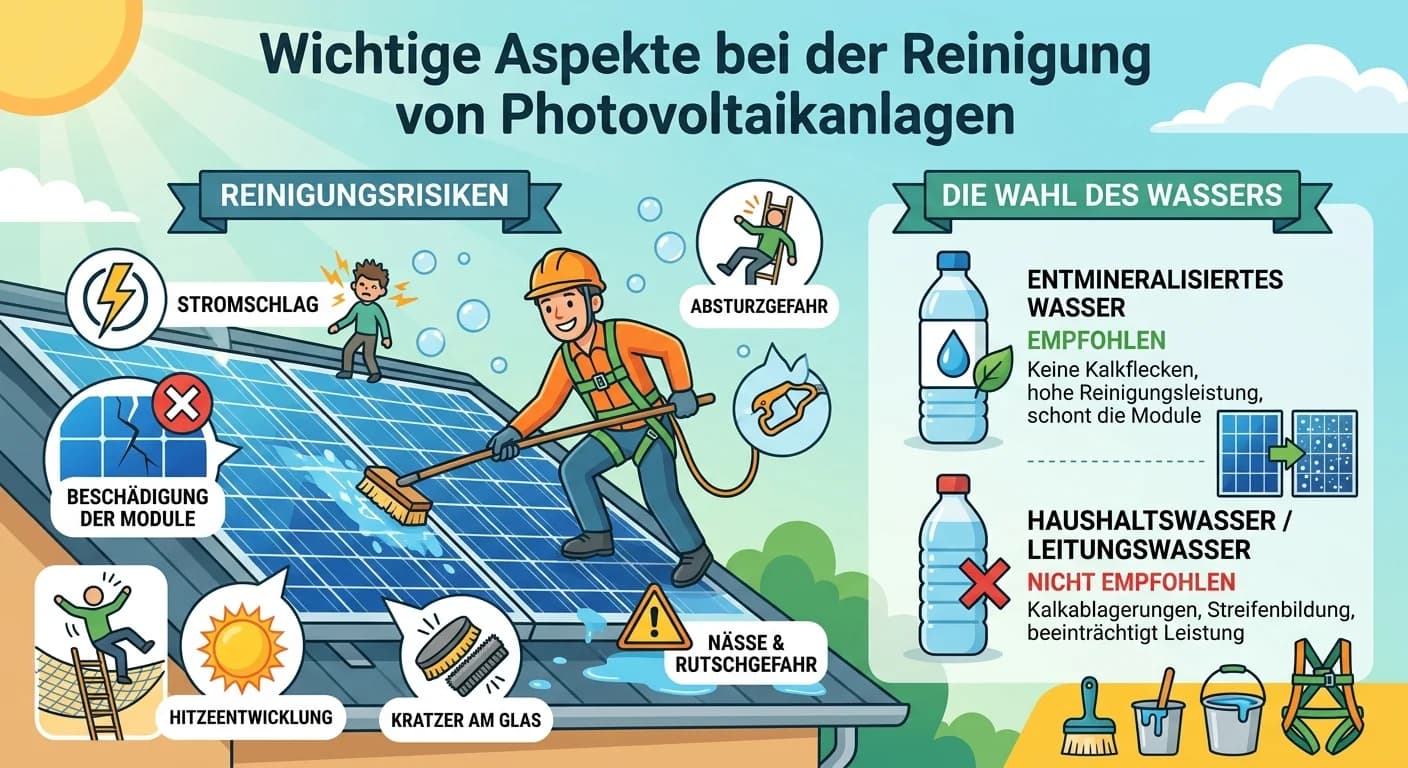 Gebäudereiniger: Risiken und Wasserwahl bei der Photovoltaikanlagen-Reinigung – einfach erklärt