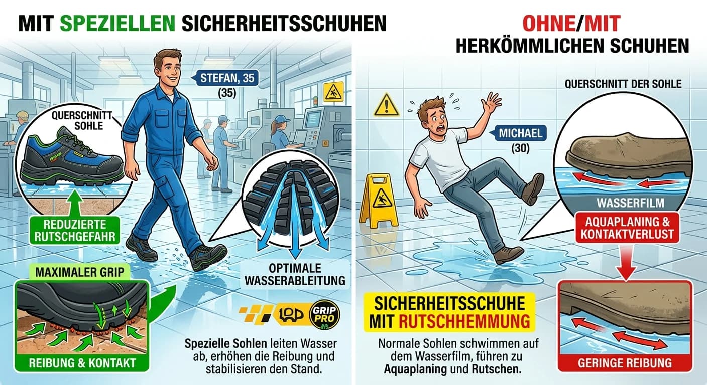 Gebäudereiniger: Rutschgefahr auf nassen Fliesen mit Sicherheitsschuhen reduzieren – einfach erklärt