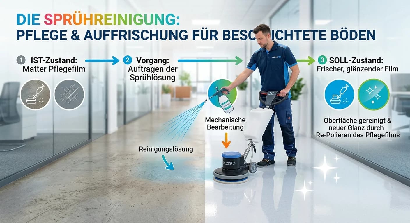 Gebäudereiniger: Sprühreinigung zur Auffrischung von Pflegefilmen auf Bodenbelägen – einfach erklärt