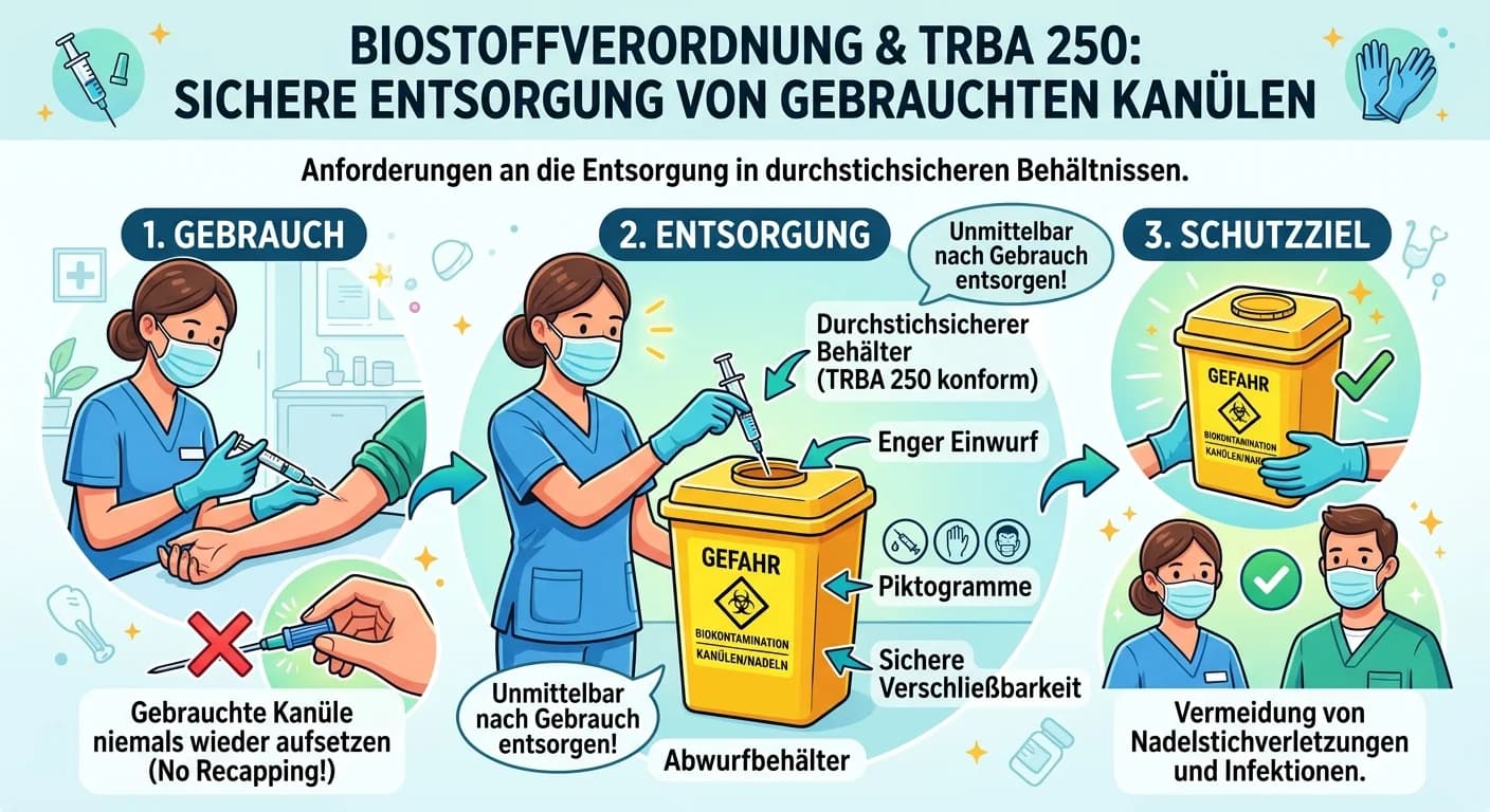 MFA: Kanülen entsorgen: Biostoffverordnung & durchstichsichere Behältnisse – einfach erklärt
