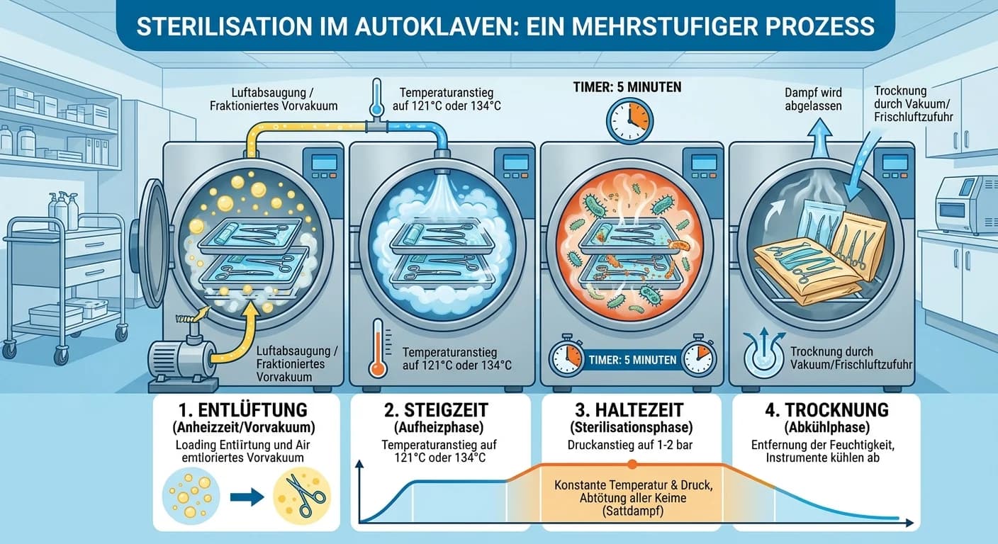 MFA: Sterilisation im Autoklaven – Entlüftung, Steigzeit, Haltezeit, Trocknung – einfach erklärt