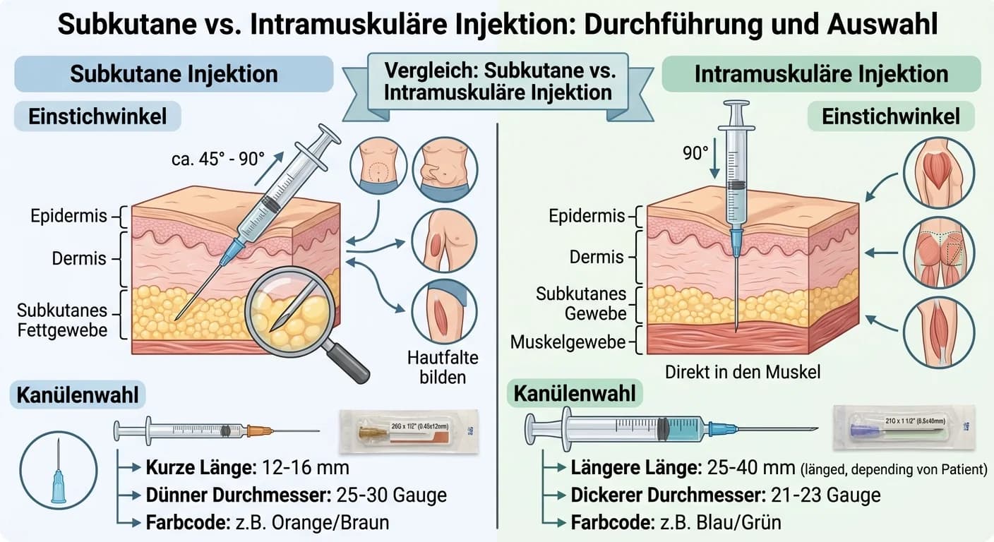 MFA: Subkutane vs. intramuskuläre Injektion: Einstichwinkel & Kanülenwahl – einfach erklärt