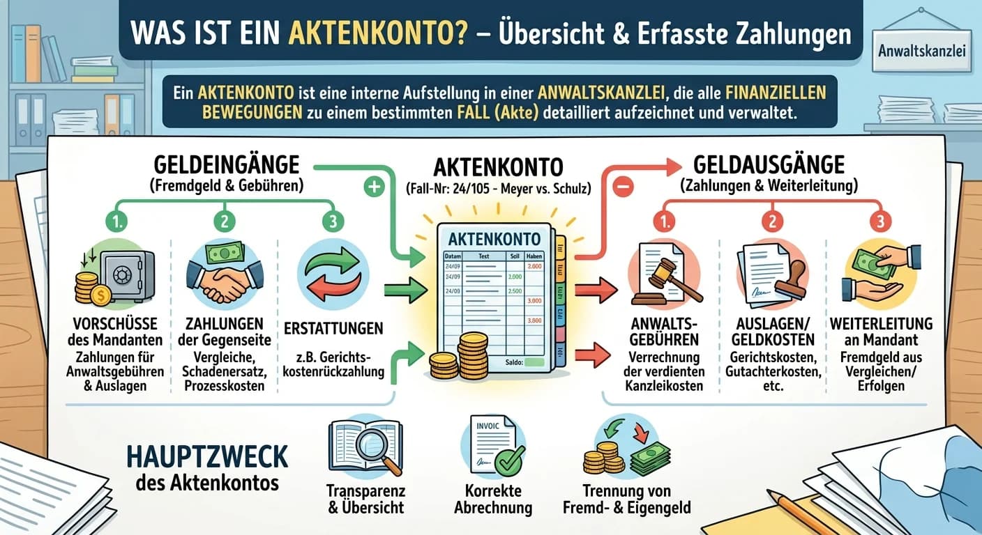 Rechtsanwaltsfachangestellte: Aktenkonto – Definition & erfasste Zahlungen – einfach erklärt