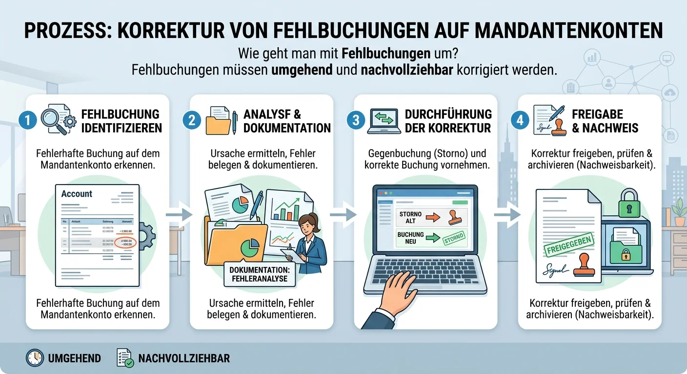 Rechtsanwaltsfachangestellte: Fehlbuchungen auf Mandantenkonten korrigieren – einfach erklärt