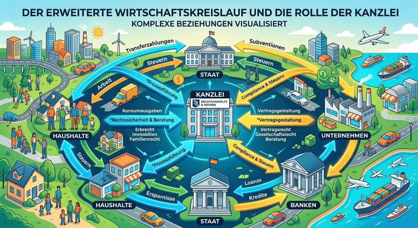 Rechtsanwaltsfachangestellte: Kanzlei im erweiterten Wirtschaftskreislauf – einfach erklärt