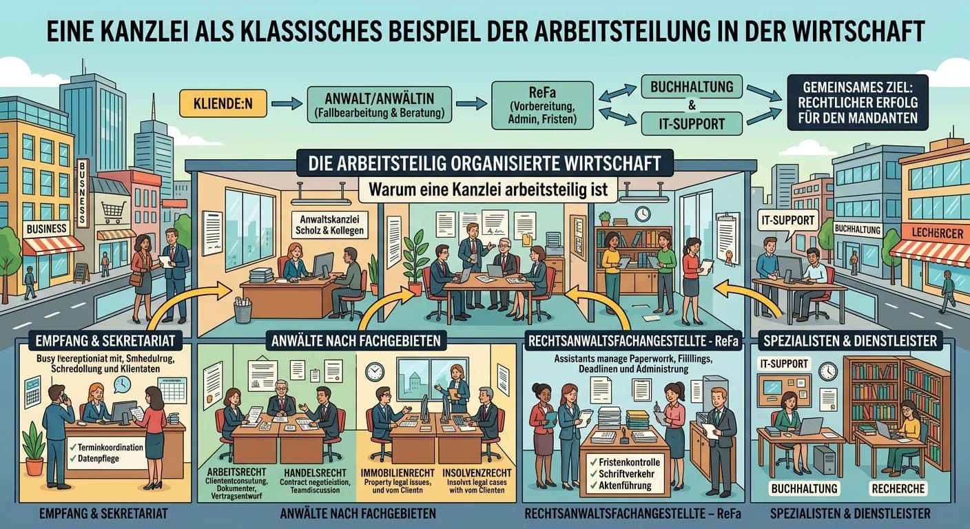 Rechtsanwaltsfachangestellte: Kanzlei in arbeitsteilig organisierter Wirtschaft – einfach erklärt