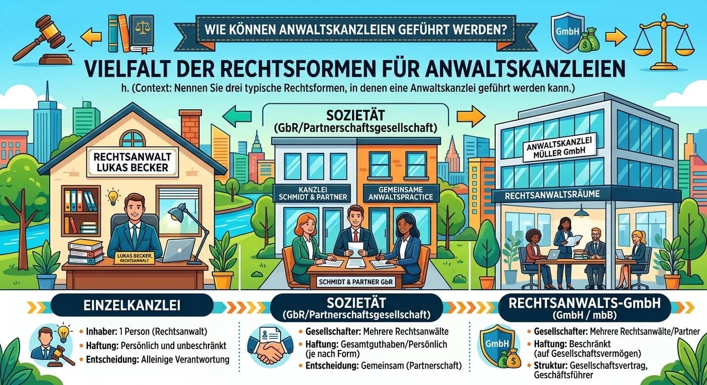 Rechtsanwaltsfachangestellte: Nennen Sie drei typische Rechtsformen, in denen eine – einfach erklärt