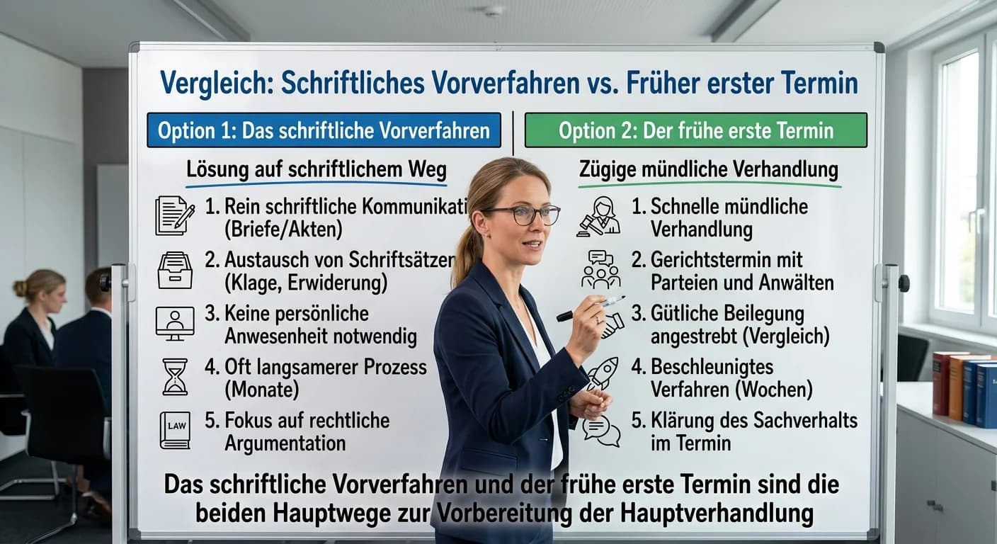 Rechtsanwaltsfachangestellte: Schriftliches Vorverfahren vs. Früher erster Termin – einfach erklärt
