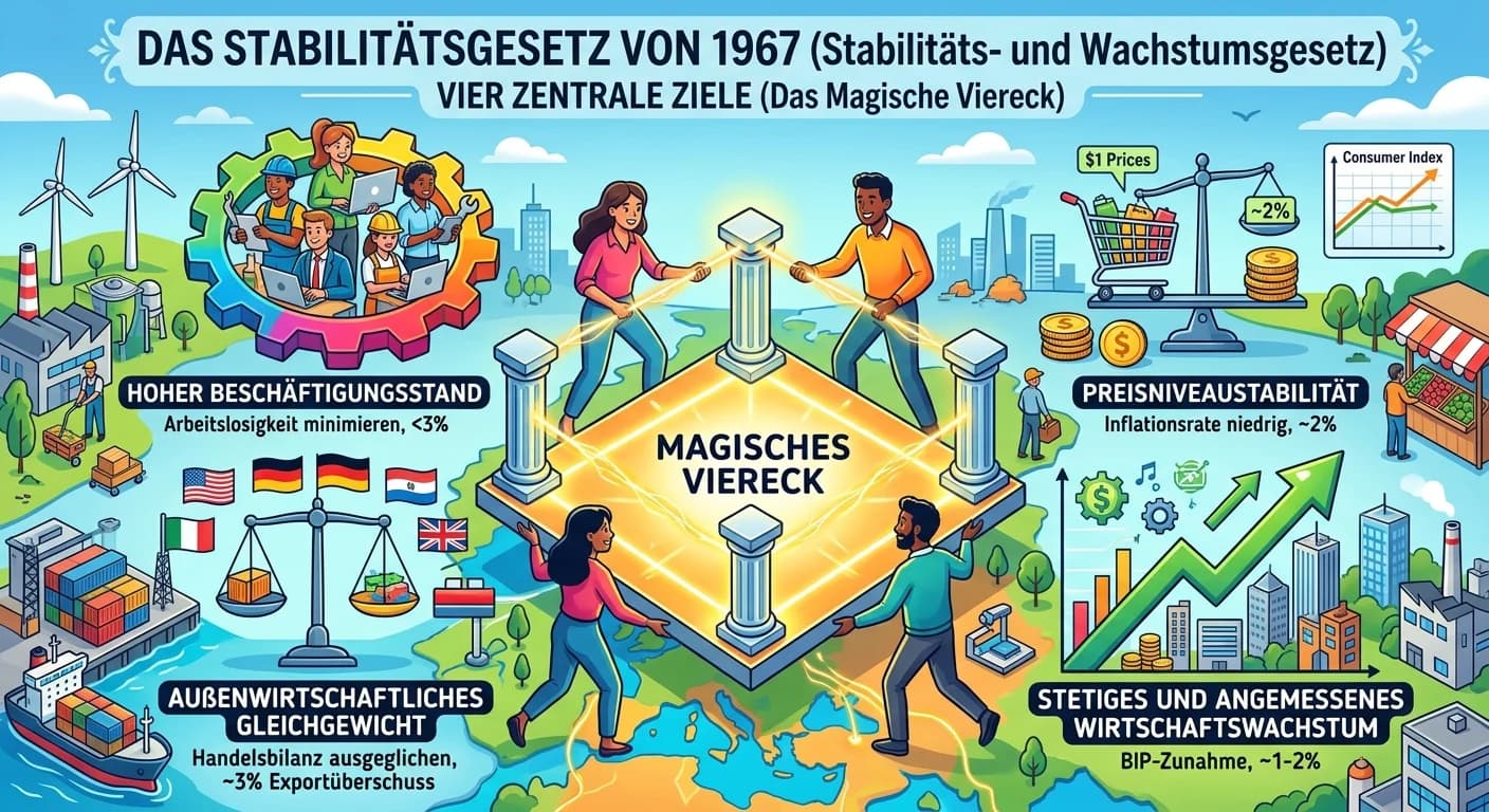 Rechtsanwaltsfachangestellte: Stabilitätsgesetz: Ziele des Magischen Vierecks – einfach erklärt