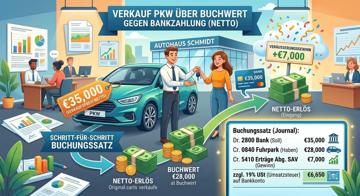Steuerfachangestellte: Buchungssatz PKW-Verkauf über Buchwert, Bankzahlung (netto) – einfach erklärt