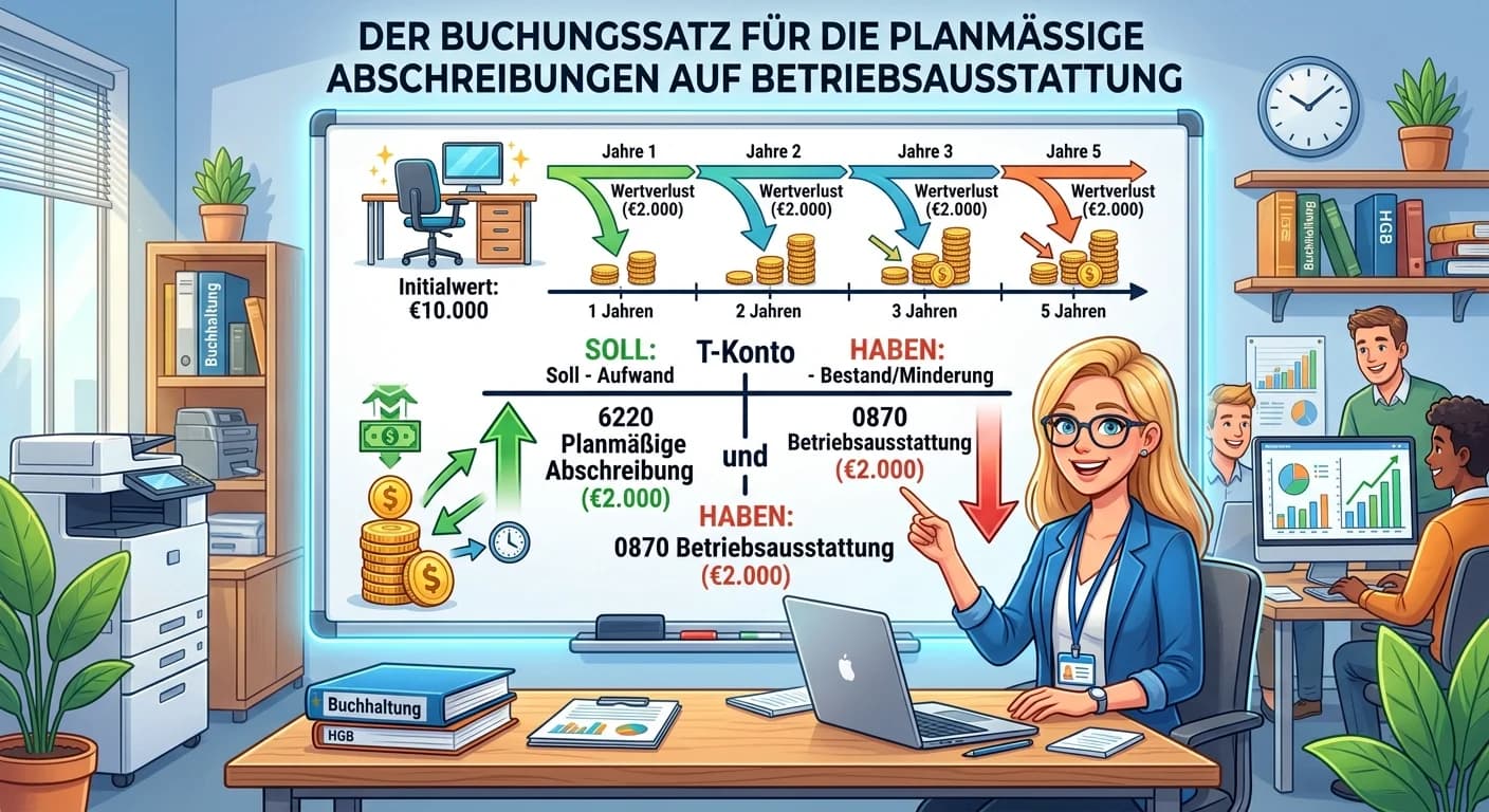 Steuerfachangestellte: Buchungssatz planmäßige Abschreibung Betriebsausstattung – einfach erklärt
