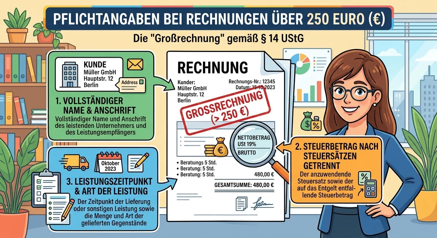 Steuerfachangestellte: Pflichtangaben Rechnung über 250 Euro nach § 14 UStG – einfach erklärt
