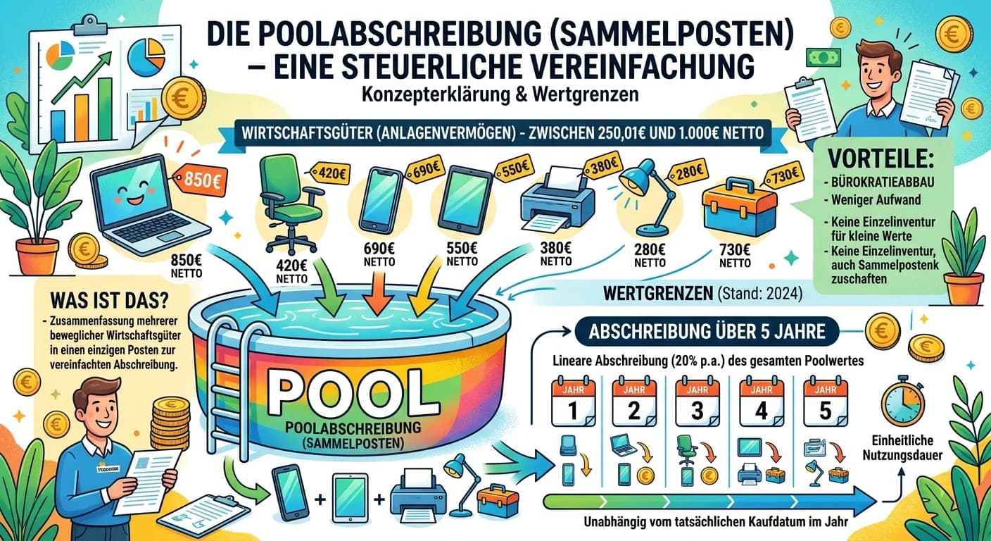 Steuerfachangestellte: Poolabschreibung (Sammelposten) – Wertgrenzen und Anwendung – einfach erklärt