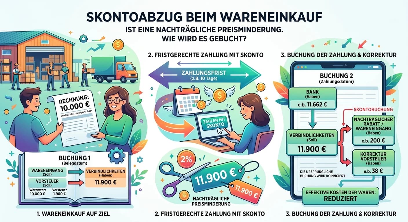 Steuerfachangestellte: Skontoabzug Wareneinkauf buchen und Vorsteuer korrigieren – einfach erklärt