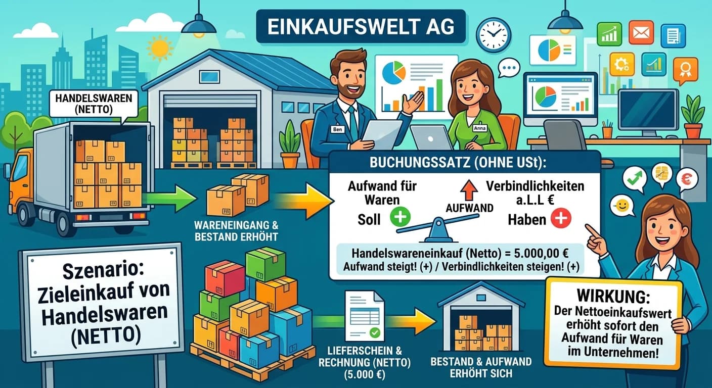 Steuerfachangestellte: Zieleinkauf Handelswaren netto Buchungssatz – einfach erklärt