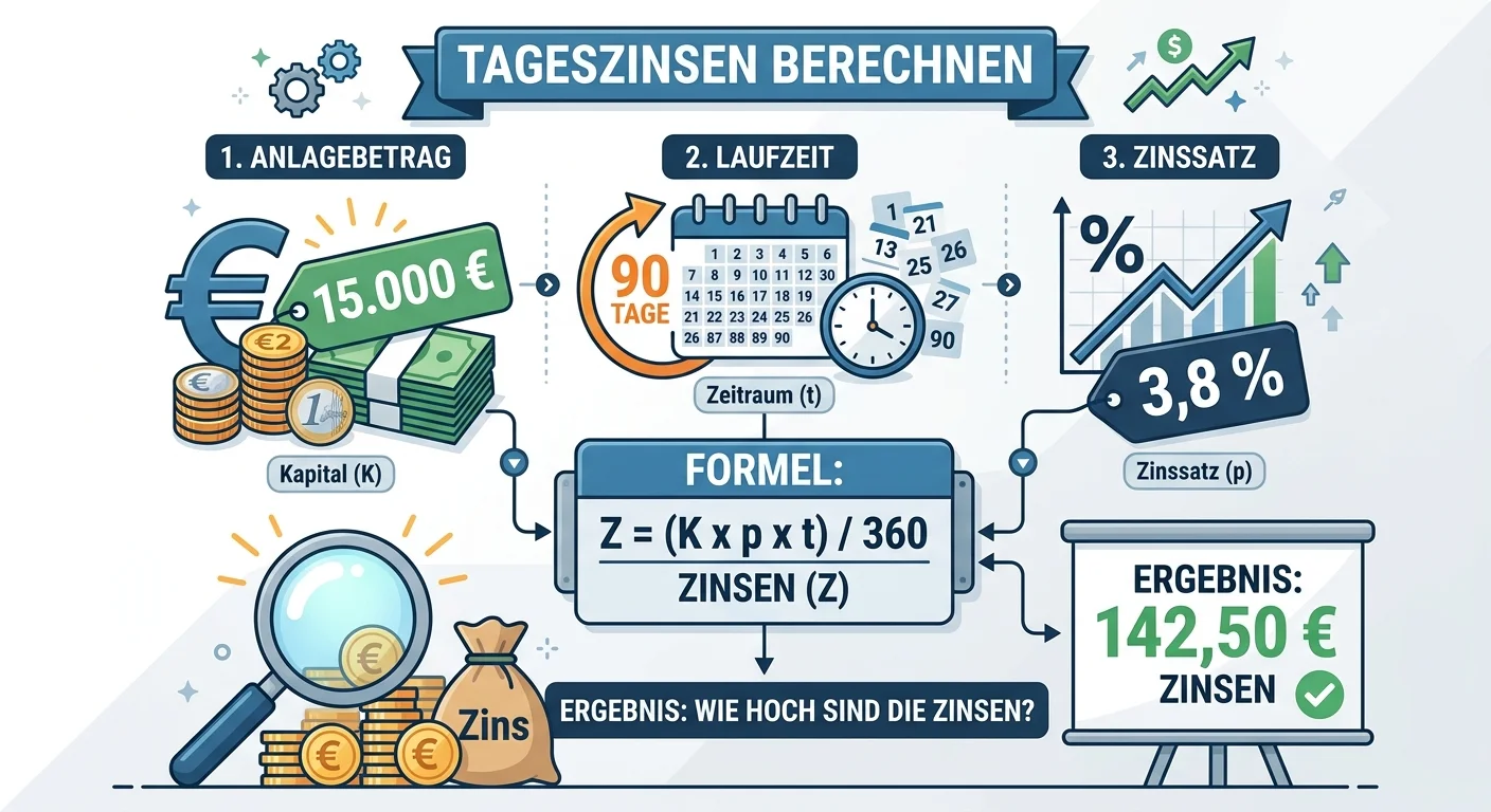 Industriekaufmann: Zinsen berechnen für 15.000 Euro, 90 Tage, – einfach erklärt